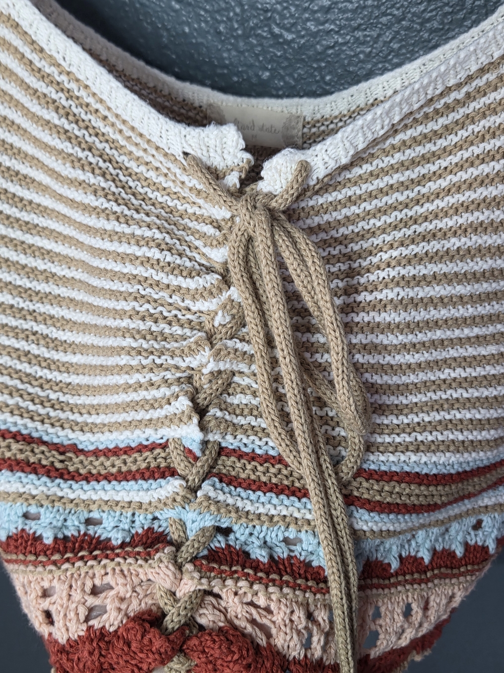 Altar'd State Striped Crochet Lace-Up Crop Top in Beige, Rust & Blush, size Med - Picture 9 of 9